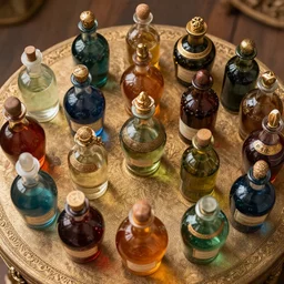 a table full of potion bottles of multiple colors, top view, detailed, ornate