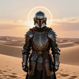 medieval russian  black knight armour with Mandalorian helmet, ornate filigree armor, desert dunes, sunset clouds, sunset halo behind head, hypermaximalist, fantasy character concept, dynamic lighting, blurry, sharp focus, illustration, art by artgerm and greg rutkowski and alphonse mucha