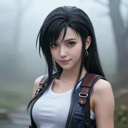 beautiful cheeky tifa lockhart, face centered portrait, cottagecore, confident, fog, rain, volumetric lighting, soft light, illustration, perfectly shaded, intricate, beautiful, art by rembrandt