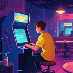 a man fused with an arcade machine in a cyberpunk cafe, glitchart, cyberpunk colours, beeple, dan mumford, artstation