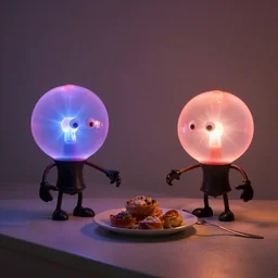 two anthropomorphic plasma ball lamps having an awkward dinner date