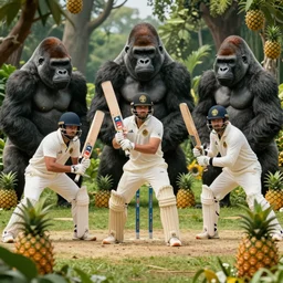 cricket players in the jungle threatened by gorillas in spacesuits. Pineapple bushes