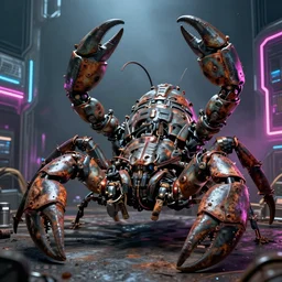 large chunky robot scorpion bristling with weapons, neal asher sci - fi, cyberpunk, conceptual, hyperdetailed, donato giancola, james gurney, neon lights, mood lighting, rust