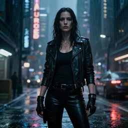 jennifer connelly starring in a cyberpunk movie in a distopic futuristic city in the style of bladerunner, movie still, highly detailed, rainy night, volumetric lights, dramatic, scifi, sharp focus