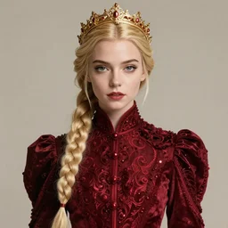portrait anya taylor-joy, long blond braided hair with golden crown, dark red, intricate, elegant, highly detailed, artstation, concept art, smooth, sharp focus, illustration, bouguereau, rutkowski, mucha