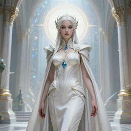 detailed portrait of a beautyful cyber noun, necromancer, benevolent, scifi, futuristic, elegant cape, year 2 1 0 0, elegant, alien room background, white, blue, gold, trending on artstation, so - s 1 4 8 ft light, holy machine, advanced technology, art by vitaly bulgarov and nivanh chanthara