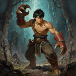 A young fighter protagonist with a massive claw arm is exploring the grimdarkest dungeon depths. trending on Pixiv. trending on ArtStation. A vibrant painting. A highly detailed fantasy character illustration by Wayne Reynolds and Charles Monet and Gustave Dore and Carl Critchlow