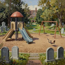 classic oil painting, a school playground set with tombstones, infinite schoolyard of slides, and swingsets, and seesaws, with tombstones, playground - cemetery hybrid, extremely detailed, intricate, cottagecore, readability, concept art, sharp focus, art by brothers hildebrandt