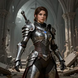 hyper detailed ultra sharp full body character portrait of a woman wearing hextech armor standing in a destroyed church, in the style of arcane tv show, muted colors, very highly detailed, action pose, cinematic lighting, good value control, realistic face details, realistically rendered eyes, photorealistic eyes, smooth, 3 d cgi, cgi, realistic shading, john singer sargent