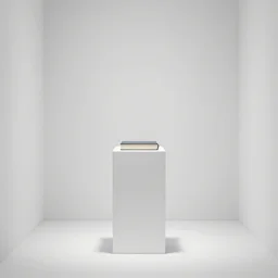 a pedestal with a book in the middle of a white room with no objects