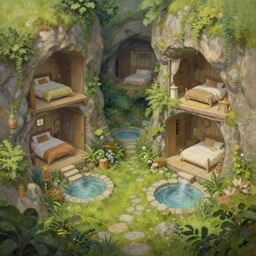 painting of a series of opposing living quarters overlooking communal area carved inside a mountain, lush garden with hot spring between, cozy bed, well maintained, clean, medieval, fantasy genre, natural light, fantasy, natural light, concept art, by greg rutkowski and craig mullins, cozy atmospheric and cinematic lighting, trending on artstation