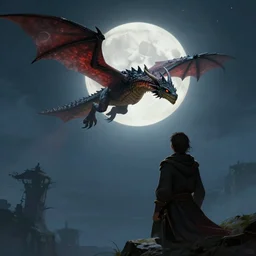 looking up at a dnd wyvern flying at night in front of the moon, fantasy art, concept art, dnd
