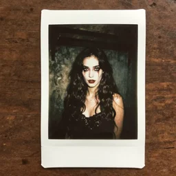 a polaroid photo of a creepy woman in a basement