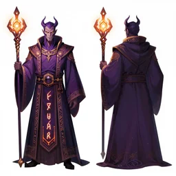 a full color character sheet with front, back and side views of an evil sorcerer n ornamental robes with glowing runes on fabric, holding a tall glowing ornate intricate magical staff, video game concept art by wizards of the coast, magic the gathering, blizzard, games workshop, greg rutkowski, craig mullins, weta, elder scrolls