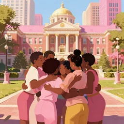 an epic concept art render of a family of modern urban black people in a group hug in the middle of a prestigious college campus, pink and gold color scheme, rossdraws, studio ghibli, dewayne mcduffie, denys cowan, masterpiece, amazing composition, hd, hyper detailed, rule of thirds, 3 2 k