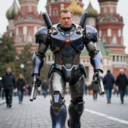 boris yeltsin in mecha cyber suit with guns, his face in focus, walking on moscow streets, cinematography by trent opaloch, deep depth field, masterpiece, featured on vimeo, featured on pixiv, cinematic composition, hyper - detailed, hd, hdr, 4 k, 8 k