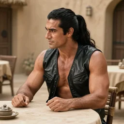 muscular man sitting at table on tatooine, wearing a black black black leather vest vest vest, no shirt, shirtless, long long black black hair in a ponytail ponytail 9 0 0 0 0 0