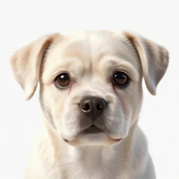 crisp quality and light reflections, photorealistic portrait, studio lighting, still photo of a cute dog with human eyes, bright studio setting, highly detailed, unreal engine 5 quality render, uncanny valley