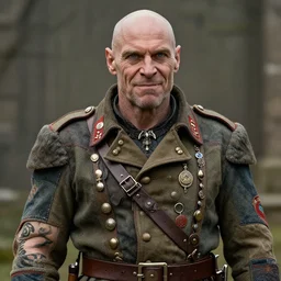 a middle aged half - orc with thin fangs and blue grey intelligent eyes, a bemused smile. he wears a patchwork military uniform jacket with cut sleeves and many charms and baubles worked into the fabric, with an upturned collar. he has sleeve tattoos. 1 9 th century style