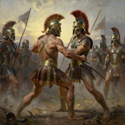 oil painting of a spartan fighting with Persian troops, dawn settings, hdr, dynamic lighting, volumetric lighting, gloomy, high detail, realistic