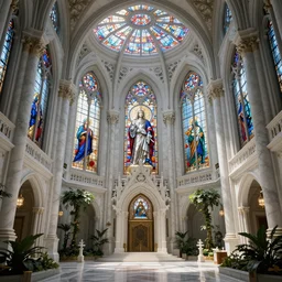 celestial cathedral atrium, hanging gardens, stained glass, gothic, neo - gothic, art nouveau, polished white marble, hyperdetailed chrome silver medieval icon, stefan morrell, daniel merriam, joh stephens, concept art, aetherpunk, unreal engine, detailed intricate environment, octane render, godrays, volumetric lighting, ultrasharp, majestic, ethereal