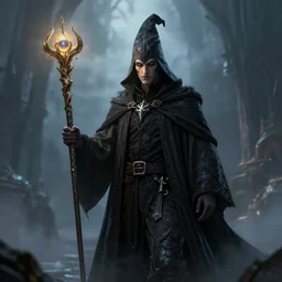 fantasy dark wizzard holding a magic staff, high detail, digital art, beautiful , concept art,fantasy art, 4k