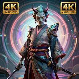 a beautiful 3 d render of a giesha demon wearing a kimono + holding a samurai sword, innovative avant - garde art, deco fashion, photorealistic portrait, a portal to a waporwave dimension, award winning, 4 k, rule of thirds, volumetric lighting, hyper detailed, octane render