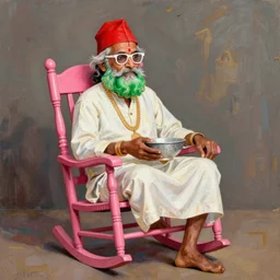 a painting of an old indian man with a red hat, a green beard, and white glasses holding a bowl and sitting on a pink rocking chair