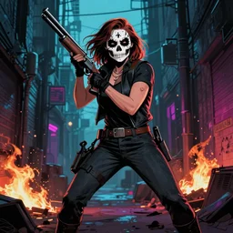 Samara Weaving with skull face paint, holding a shotgun, Rafael Albuquerque comic art, in an action pose, in an alleyway during The Purge, night time dark with neon colors, fires, horror
