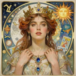 sara paulson portrait by louis - theophile hingre and alphonse mucha, realistic, sharp focus, zodiac signs, tarot cards, planets, ethereal, art nouveau, magic, moon, sun, crown, dreamy, royal, jewellery