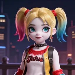 lofi biopunk portrait of harley quinn, dark night city background, Pixar style, by Tristan Eaton Stanley Artgerm and Tom Bagshaw.