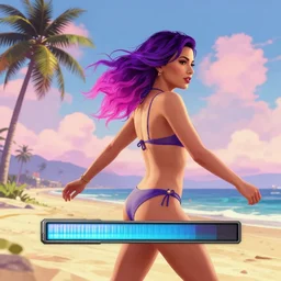 a stunning GTA V loading screen with a beautiful woman with ombre hairstyle in purple and pink blowing in the wind at the beach in a bikini, outrun, vaporware, palm trees, retro, beautiful sky with cumulus couds, digital art, trending on artstation