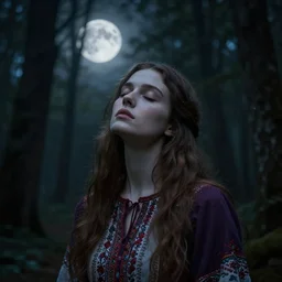 beautiful woman with her eyes closed. she is in a forest. full moon. realistic. folk horror