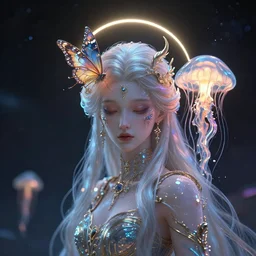 Liminal space in outer space by Roberto Ferri. beautiful princess. human skull jellyfish butterfly phoenix head. burning water. intricate artwork by Tooth Wu and wlop and beeple and dan mumford and greg rutkowski. halo. octane render, cinematic, hyper realism, octane render, 8k, depth of field, bokeh. iridescent accents
