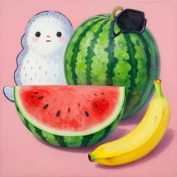 a beautiful painting watermelon and banana, by zhangda qian and kusama yayoi painting