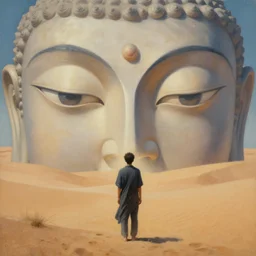 a surreal painting of a man meeting giant buddahs eyes in the desert
