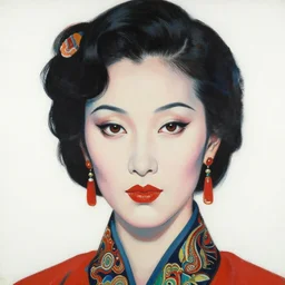 hyperrealism close - up portrait of a beautiful woman, white backgroung, in traditional chinese art style, pop art, by roy liechtestein, by andy warhol, canvas, acrylic paint, 4 k