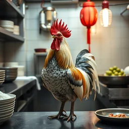 photo of a rooster working in a chinese restaurant kitchen