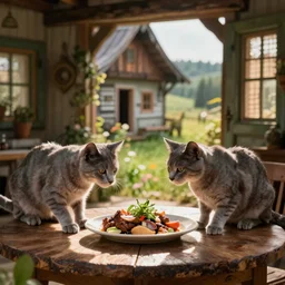 Russian blue cats having dinner in a cottage, incredibly detailed