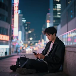 guy chilling at late night, neon city