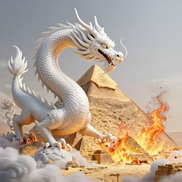 luxurious white chinese dragon deatroying the cyberpunk egyptian pyramid with intense destructive fire 🔥, by greg rutkowski, james jean, peter mohrbacher, rule of thirds, sigma look, beautiful, intricate, majestic, award winning