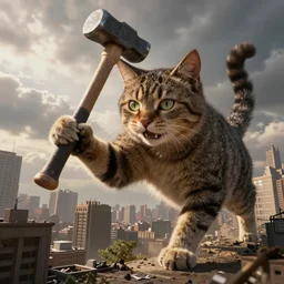 giant cat with the head of a hammer rampaging through a city