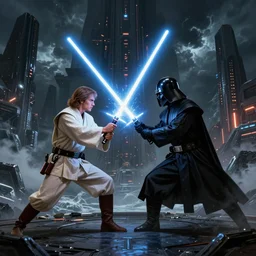 star wars concept art by greg rutkowski, an epic lightsaber duel between two jedi and a sith, on a fortress surrounded by a stormy sea, stressful atmosphere, cinematic lighting, artstation hq