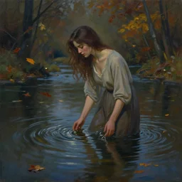 an oil painting of a beautiful woman melting into a peaceful river at night, it's autumn and a gentle breeze is moving leaves around, cinematic lighting, establishing shot, art station