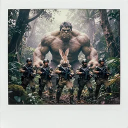 photograph by discovery channel! full shot!!!!! swat! soldier armor!!! hulk oversized barbarian rugged rabbit, fog, in deep jungle forest jungle, overcast!!! cinematic focus, polaroid photo, vintage, neutral colors, soft lights, overcast, foggy, full shot by steve hanks, by serov valentin, by lisa yuskavage, by andrei tarkovsky