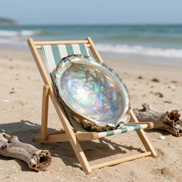 beach chair made of large iridescent abalone shell, nacre, driftwood, sunny 35 mm product photo