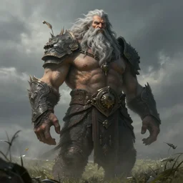 a highly detailed portrait of a epic massive fantasy giant elder god with gray hair and beard standing in a field concept art