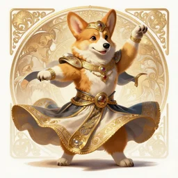 full body photograph of a male anthropomorphic corgi fursona arabian dancer, deep focus, intricate, elegant, highly detailed, digital painting, artstation, concept art, matte, sharp focus, illustration, d & d, fantasy, hearthstone, art by artgerm and greg rutkowski and alphonse mucha