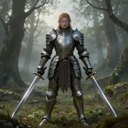 big muscular female warrior with glowing blue eyes wielding two swords wearing full body knight armor, forest plains of yorkshire, misty forest, elden ring, dark souls, good value control, digital painting, sharp focus, symmetrical facial features, rule of thirds, 4k, centered, magic hour photography, atmospheric, moody colors