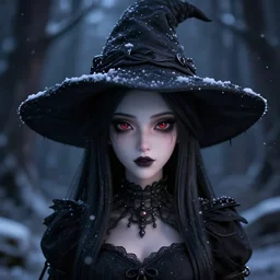 focus face portrait of beautiful darkness witch 3D anime girl, dark forest background, snowing, bokeh, inspired by Tim Burton, digital painting, high contrast, unreal engine render, volumetric light, high détail